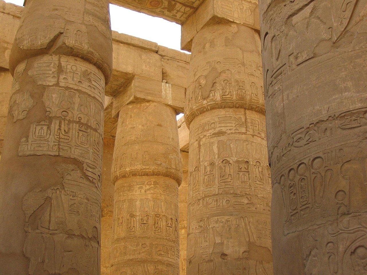 hieroglyphics, egypt, monument, column, luxor, nature, karnak temple, sun
