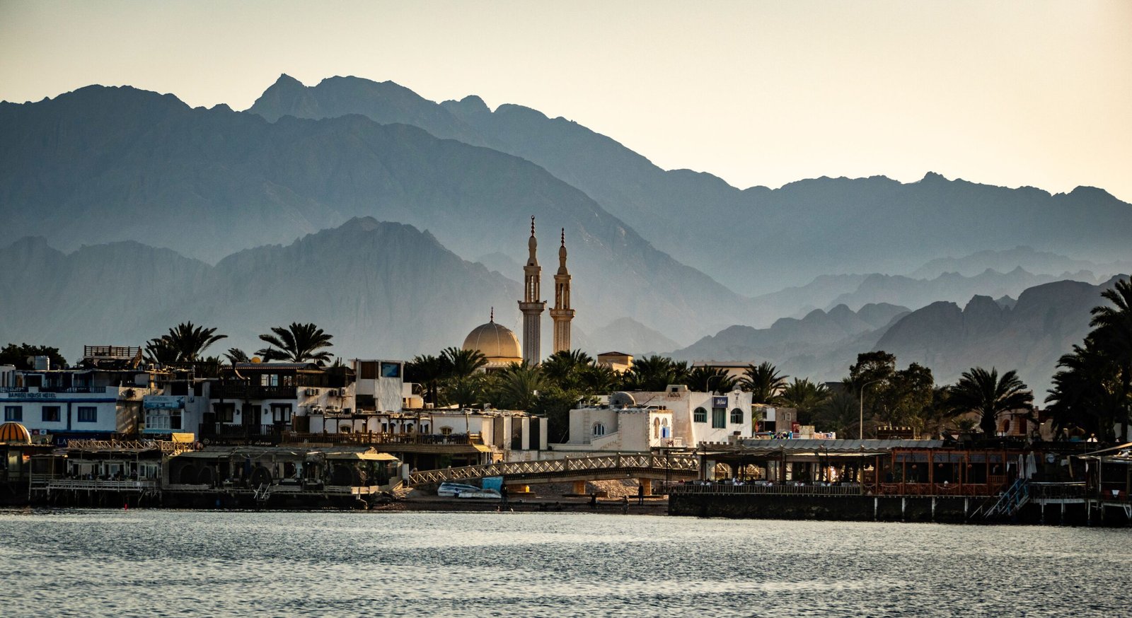 Beautiful mosque with mountains in the background, Dahab, Egypt.