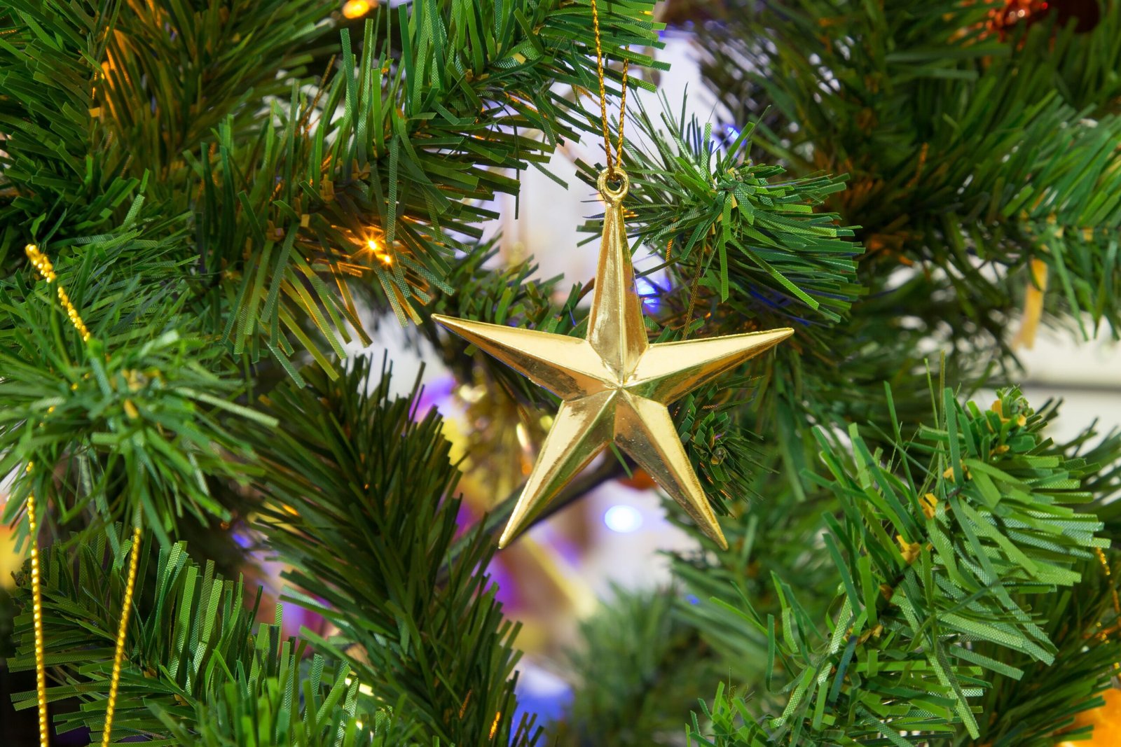Close-up of a gold star ornament hanging on a green Christmas tree branch, highlighting festive decor.