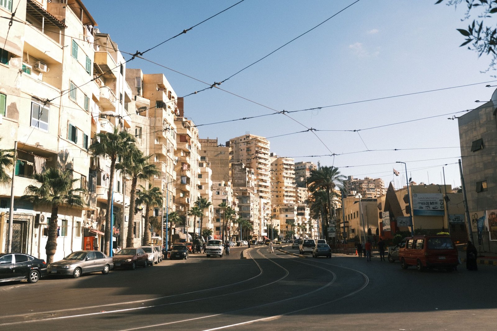 Vibrant urban street view in Alexandria, Egypt, featuring cars and palm-lined buildings under a clear blue sky.